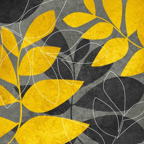 Gray and Gold Leaves I Black Modern Wood Framed Art Print with Double Matting by Emery, Kristin