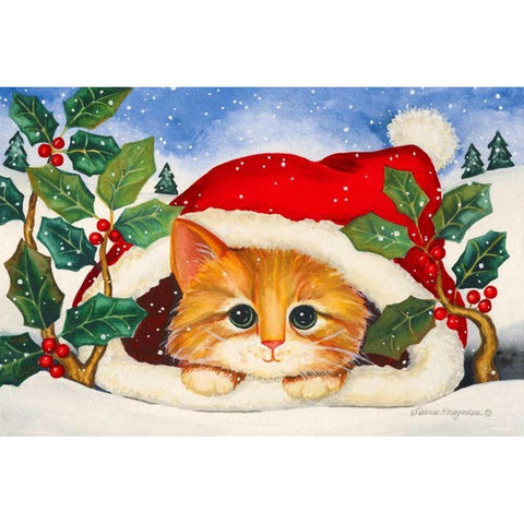 Christmas Kitten Gold Ornate Wood Framed Art Print with Double Matting by Korsgaden, Laurie