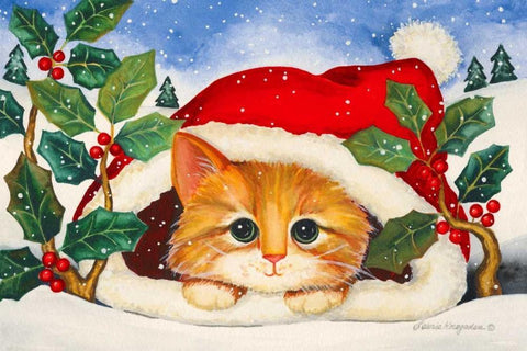 Christmas Kitten White Modern Wood Framed Art Print with Double Matting by Korsgaden, Laurie