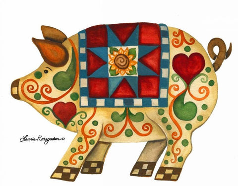 Festive Pig Black Ornate Wood Framed Art Print with Double Matting by Korsgaden, Laurie