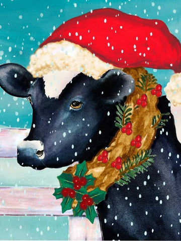 Christmas Cow Vertical Black Ornate Wood Framed Art Print with Double Matting by Korsgaden, Laurie