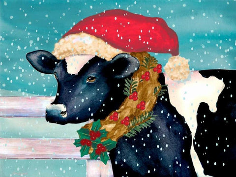 Christmas Cow Black Ornate Wood Framed Art Print with Double Matting by Korsgaden, Laurie