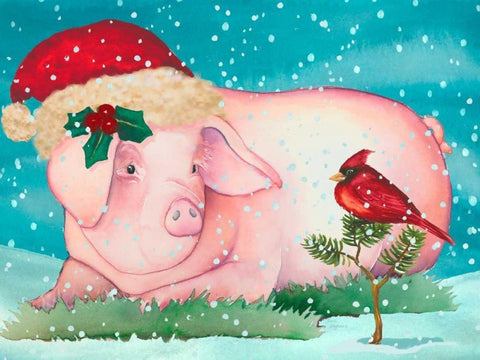 Christmas Pig And Friend Black Ornate Wood Framed Art Print with Double Matting by Korsgaden, Laurie