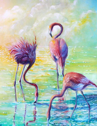 Flamingo Family 1 White Modern Wood Framed Art Print with Double Matting by Colberg, Lisa
