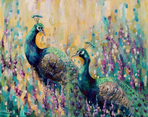 Peacocks In The Field 1 White Modern Wood Framed Art Print with Double Matting by Colberg, Lisa