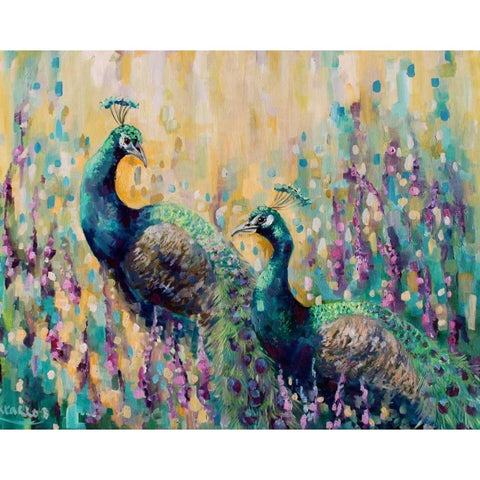 Peacocks In The Field 1 White Modern Wood Framed Art Print by Colberg, Lisa