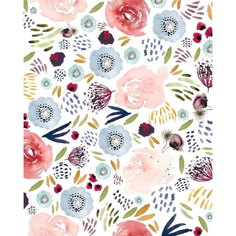 Floral 1 Pink Red Blue Black Modern Wood Framed Art Print with Double Matting by Straatsma, Leah