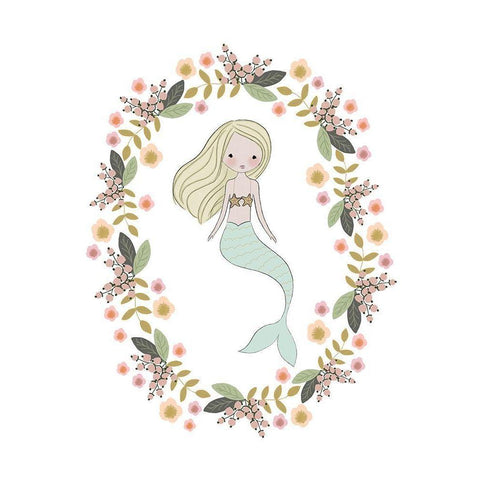 Mermaid And Florals White Modern Wood Framed Art Print by Straatsma, Leah