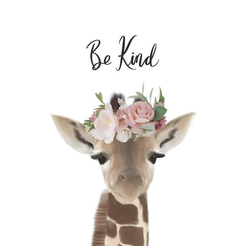 Floral Giraffe Be Kind White Modern Wood Framed Art Print by Straatsma, Leah