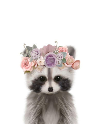 Floral Raccoon White Modern Wood Framed Art Print with Double Matting by Straatsma, Leah