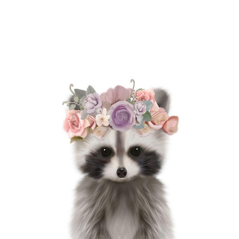 Floral Raccoon White Modern Wood Framed Art Print by Straatsma, Leah