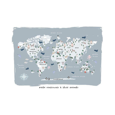 World Continents Map White Modern Wood Framed Art Print by Straatsma, Leah