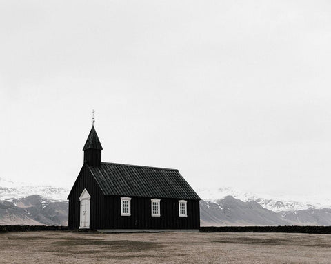 Chruch and Mountains Black Ornate Wood Framed Art Print with Double Matting by Straatsma, Leah