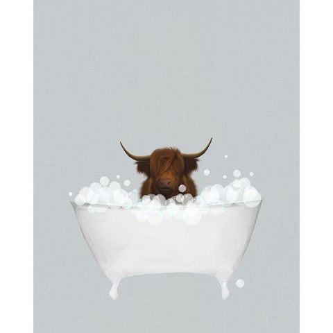 Highland Cow Blue Bath White Modern Wood Framed Art Print by Straatsma, Leah