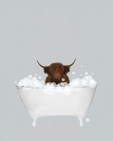 Highland Cow Blue Bath White Modern Wood Framed Art Print with Double Matting by Straatsma, Leah