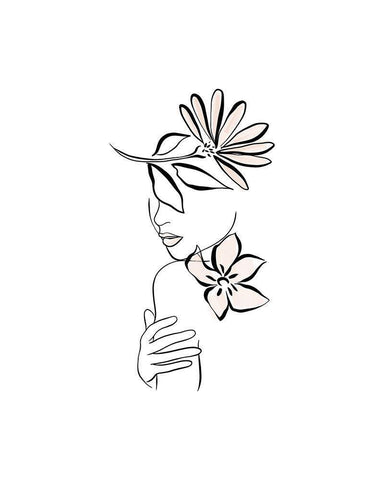 Line Drawing Woman and Floral White Modern Wood Framed Art Print with Double Matting by Straatsma, Leah