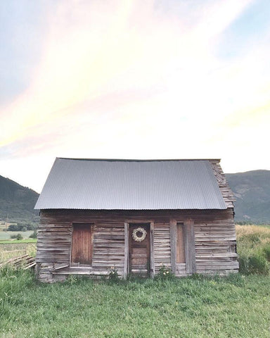 Rainbow Sky and Cabin White Modern Wood Framed Art Print with Double Matting by Straatsma, Leah