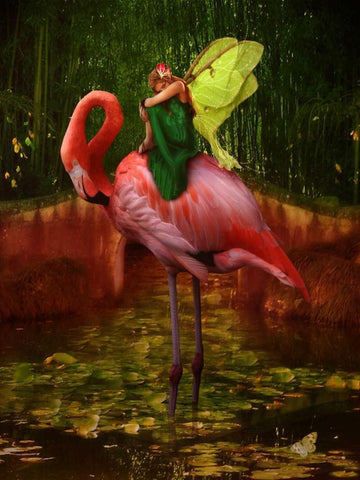 Flamingo Fairy 82390 White Modern Wood Framed Art Print with Double Matting by May