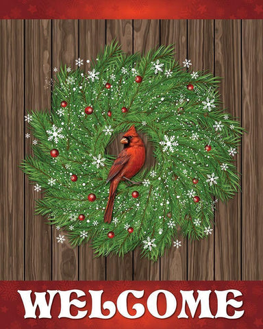 Cardinal Wreath Welcome 1 White Modern Wood Framed Art Print with Double Matting by Hogan, Melody