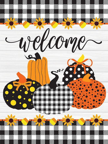 Welcome Pumpkins Buffalo Plaid 3 Black Ornate Wood Framed Art Print with Double Matting by Hogan, Melody