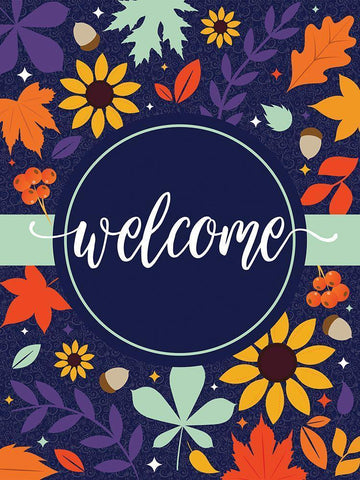 Navy Welcome Fall Floral White Modern Wood Framed Art Print with Double Matting by Hogan, Melody