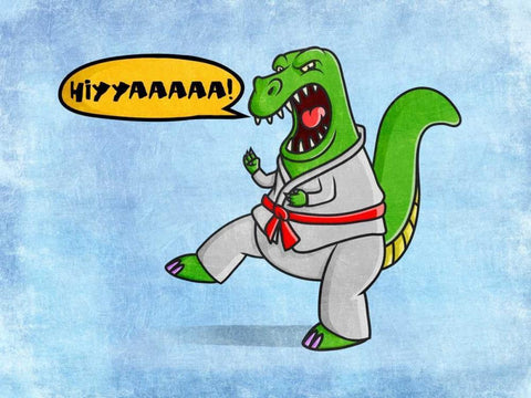 Karate Dino White Modern Wood Framed Art Print with Double Matting by Prime, Marcus