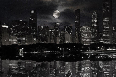 Full Moon Chicago Black Ornate Wood Framed Art Print with Double Matting by Prime, Marcus