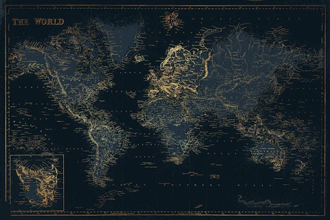 Golden Blue World Black Ornate Wood Framed Art Print with Double Matting by Villa, Mlli