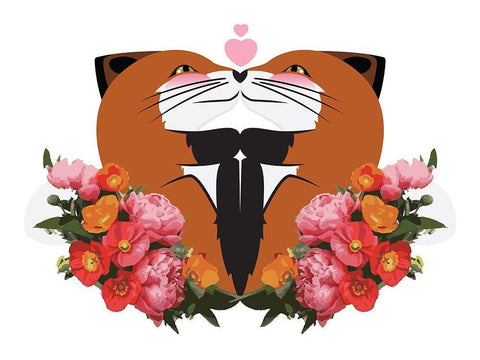 Fox Hug Flowers White Modern Wood Framed Art Print with Double Matting by Villa, Mlli