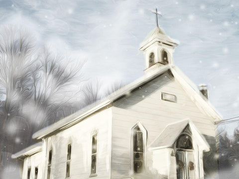 Church Snow Day Black Ornate Wood Framed Art Print with Double Matting by Villa, Mlli