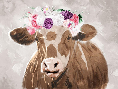 Cow Flowers Black Ornate Wood Framed Art Print with Double Matting by Villa, Mlli
