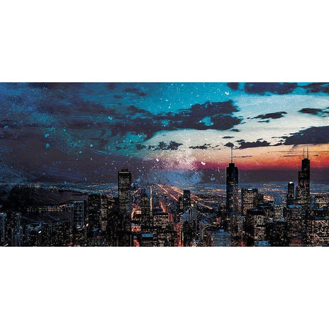 Chicago Skyline Hues Gold Ornate Wood Framed Art Print with Double Matting by Villa, Mlli