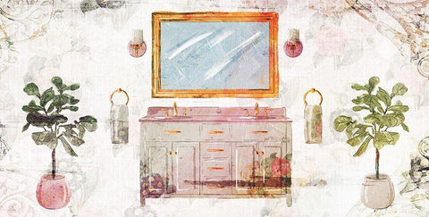 Floral Bathroom 1 Black Ornate Wood Framed Art Print with Double Matting by Villa, Milli