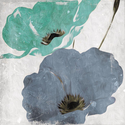 Floral Teal and Blue Hues Mate White Modern Wood Framed Art Print with Double Matting by Villa, Milli