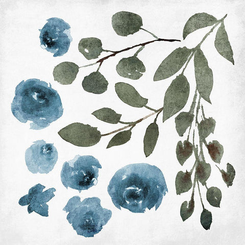 Blue Wash Floral 4 White Modern Wood Framed Art Print with Double Matting by Villa, Mlli