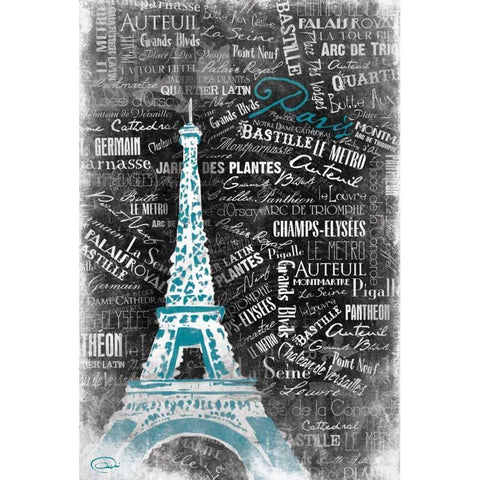 Eiffel Teal White Modern Wood Framed Art Print by OnRei