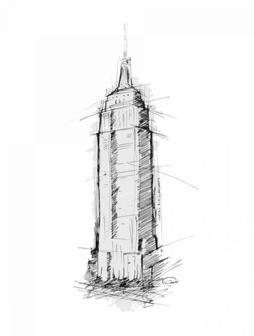 Empire STATE Sketch White Modern Wood Framed Art Print with Double Matting by OnRei