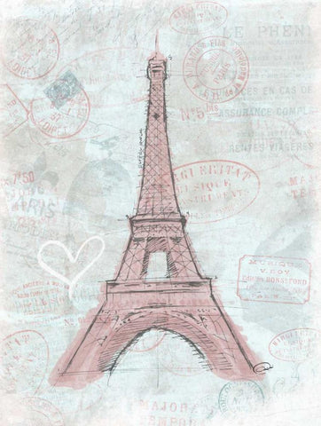 Eiffel Sketch Romantic White Modern Wood Framed Art Print with Double Matting by OnRei