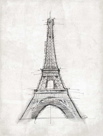 Eiffel Sketch Black Ornate Wood Framed Art Print with Double Matting by OnRei