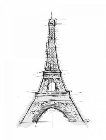 Eiffel Sketch D Black Ornate Wood Framed Art Print with Double Matting by OnRei