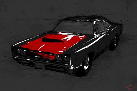 Muscle Car Black White Modern Wood Framed Art Print with Double Matting by OnRei