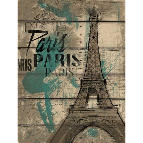 Natural Paris Teal Black Modern Wood Framed Art Print with Double Matting by OnRei