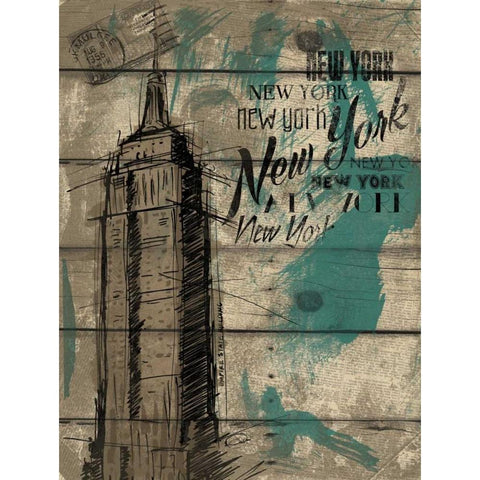 Natural New York Teal Black Modern Wood Framed Art Print with Double Matting by OnRei