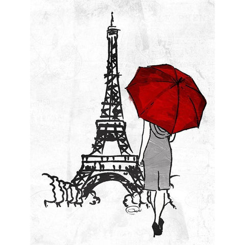 Inked Walk Away Mate Red Umbrella. Gold Ornate Wood Framed Art Print with Double Matting by OnRei