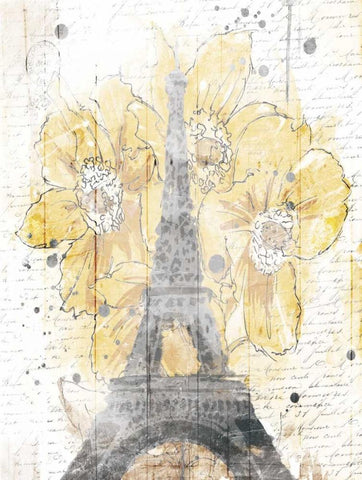 Eiffel Bloom Yellow Black Ornate Wood Framed Art Print with Double Matting by OnRei