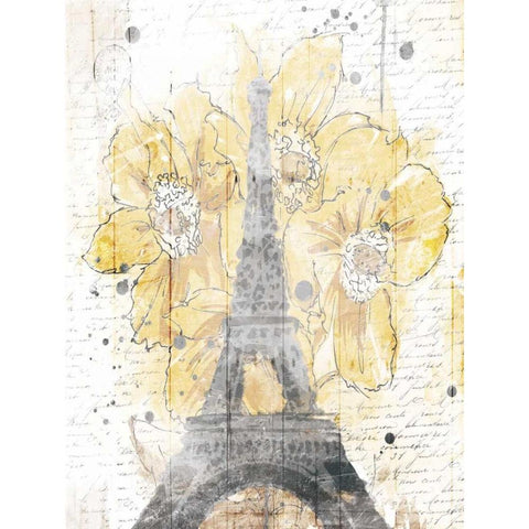 Eiffel Bloom Yellow Black Modern Wood Framed Art Print with Double Matting by OnRei