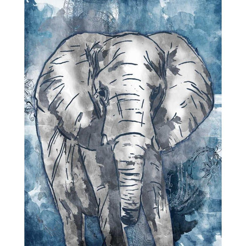 Grey Blue Elephant Black Modern Wood Framed Art Print with Double Matting by OnRei