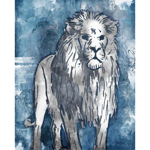 Grey Blue Lion Black Modern Wood Framed Art Print with Double Matting by OnRei