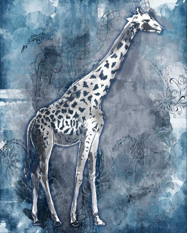 Grey Blue Giraffe Black Ornate Wood Framed Art Print with Double Matting by OnRei