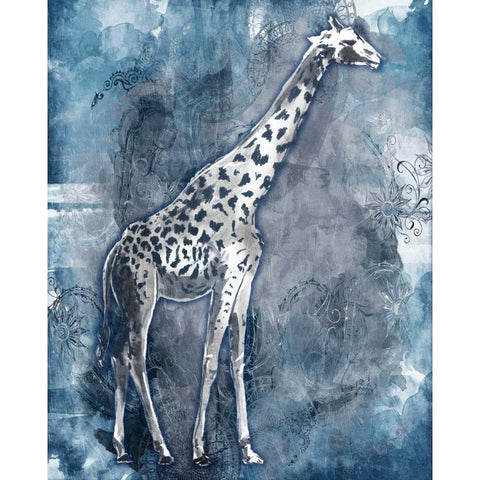 Grey Blue Giraffe Gold Ornate Wood Framed Art Print with Double Matting by OnRei